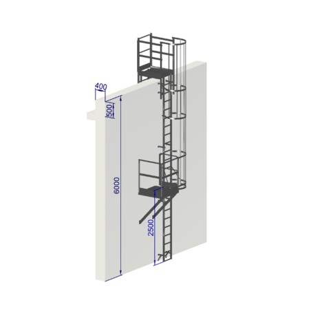 Échelle à crinoline hauteur 6000 mm avec passage d'acrotère EN ISO 14122-4