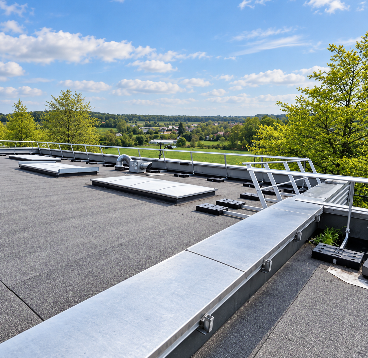 Toiture-terrasse professionnelle sécurisée par des garde-corps avec équipements techniques