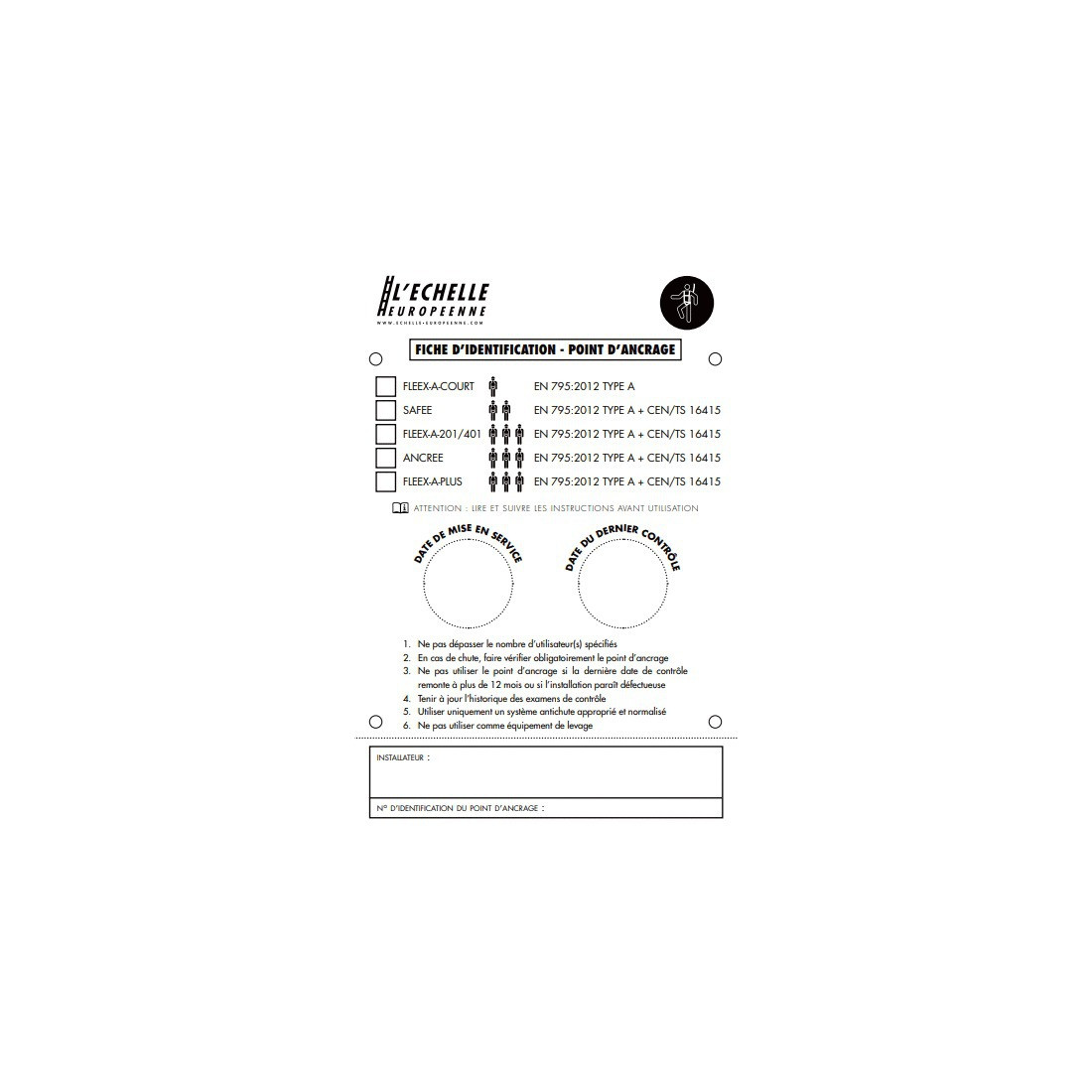 Panneau d'identification pour point d'ancrage singulier 